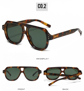 Three-way view of tortoiseshell aviator sunglasses with green lenses and double bridge