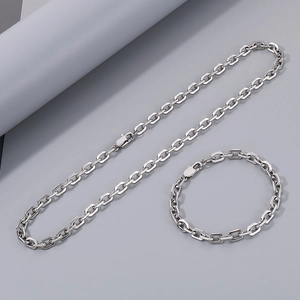 Polished silver stainless steel square link chain necklace and bracelet set close-up