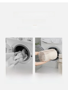 Detail of cylindrical honeycomb laundry bag with protective zipper and durable fine mesh