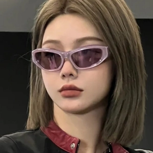 Close-up of model wearing purple semi-rimless anti-blue light glasses with geometric frames
