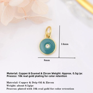 Detailed view of 14mm round copper eye pendant with green enamel and zircon inlay