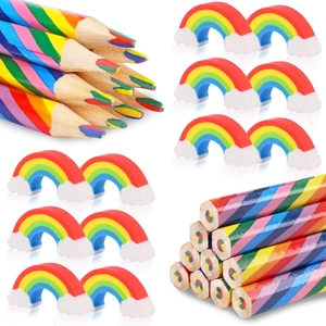 Close-up of wooden rainbow pencils with multi-color lead and rainbow cloud erasers