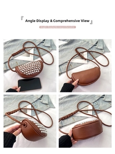 Detailed view of brown moon bag with silver studs, lychee texture, and woven strap