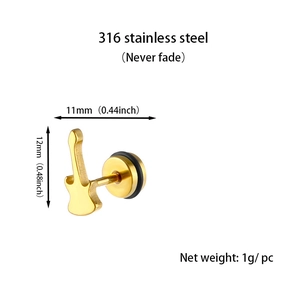 Detail view of golden guitar shaped 316 stainless steel stud earring with dimensions