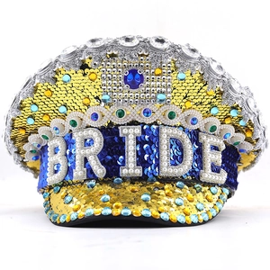 Sparkly sequin captain hat with BRIDE lettering and rhinestones for wedding parties