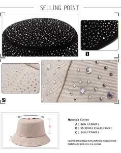 Détails du chapeau bob avec strass montrant les matériaux et les mesures de taille