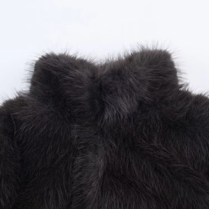 Close-up of thick faux fur texture and collar detail on a dark brown winter coat