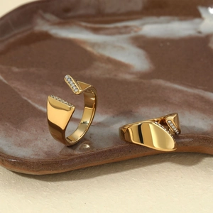 Asymmetric gold-plated stainless steel open rings with micro-inlaid diamonds for women