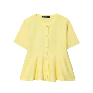 Dames Mode Lichtgeel Korte Mouw Peplum Breien Cardigan Ronde Hals Knoop Ruffle Zoom Casual Elegante Trui Top