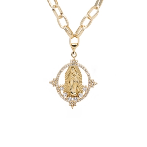 Gold plated chain necklace featuring a religious oval pendant with cubic zirconia stones