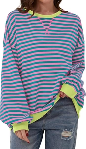 Detail of ribbed neckline and vibrant pink and green stripes on long sleeve sweatshirt