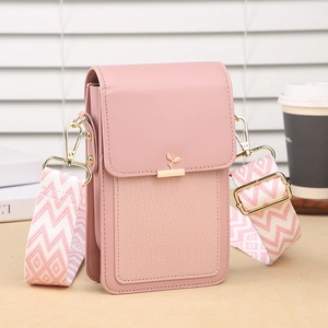 Pink PU leather crossbody phone bag with stylish wave pattern woven wide shoulder strap