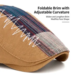 British retro patchwork ivy cap with foldable brim for face framing in khaki canvas