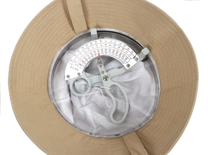Internal view of khaki sun hat with breathable white lining and silver measuring tool