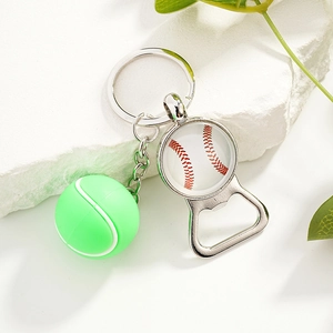 Creative alloy beer bottle opener keychain with glass baseball and mini green tennis ball