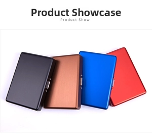 Aluminum cigarette cases in black, red, blue, and bronze with secure metal flip-top buckles