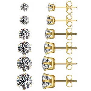 Gold stainless steel six-prong zircon stud earring set with 6 progressive sizes