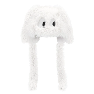 Close-up of white plush cartoon hat with fluffy texture and large black and white eyes