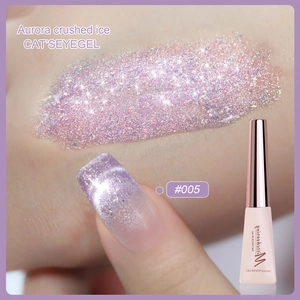 Macro detail of lavender Aurora crushed ice cat's eye gel polish with diamond shine