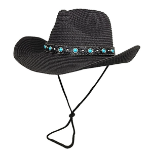 Black wide brim Western straw hat with turquoise beaded band and adjustable chin strap