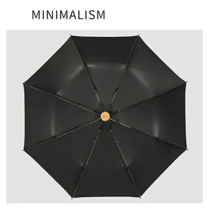 Minimalist black sun and rain umbrella with eight ribs and classic wood-grain top detail