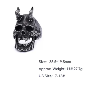 Gothic 3D bull horn skull ring for men in vintage stainless steel punk style jewelry