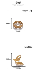 Detailed size and weight specs for gold leaf and shell texture stainless steel rings