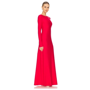 Elegant long sleeve red maxi dress with round neck and slim fit silhouette for women