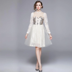 Elegant white French vintage lace dress with jacquard details and embroidery