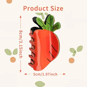 Detailed size chart showing an 8cm by 5cm carrot shaped hair claw clip on beige background
