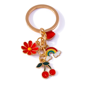Colorful enamel flower cherry rainbow heart keychain with gold-plated metal ring