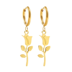 Elegant gold rose dangle earrings with floral petals and leaf details on polished hoops