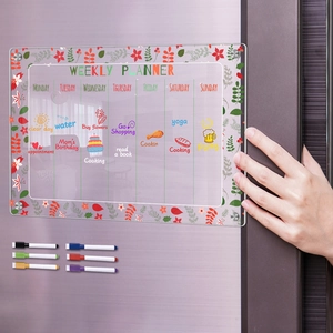 Acrylic magnetic weekly planner on fridge with floral design and six markers