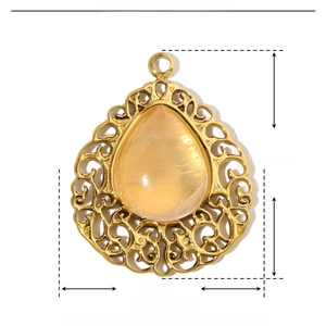 Macro detail of teardrop natural stone pendant with dimensions and technical specifications