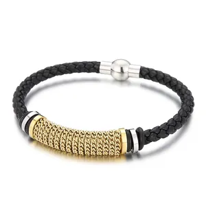 Bracelet Pour Homme En Cuir De Vachette Tressé Avec Chaîne En Acier Inoxydable Fermoir Magnétique Bijoux Punk Tendance