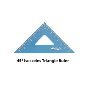 Detailed view of blue 45 degree isosceles triangle ruler with metric scale and logo