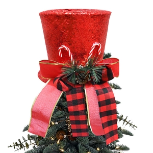Detail of red sequin Christmas tree topper hat with plaid bow and festive ornaments