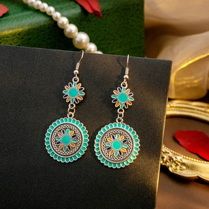 Retro bohemian round mandala flower drop earrings in colorful enamel finish