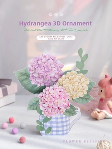 Detail of 3D pop-up hydrangea card with colorful paper flowers and blue checkered cup base