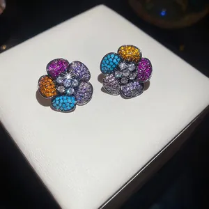 Colorful Zircon Flower Stud Earrings With 925 Sterling Silver Earring Post Korean Fashion Sparkly Micro Paved Elegant