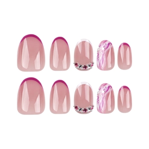 Short almond press-on nails with pink-purple French tips and glitter smoke design