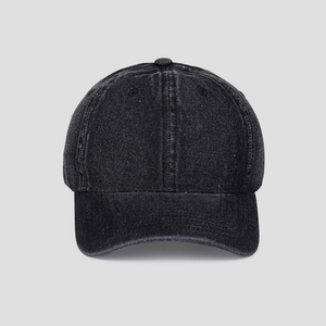 Detailed front view of washed denim baseball cap in charcoal gray with vintage texture