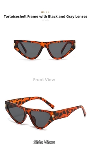 Detail of tortoise shell cat eye sunglasses with gold hinge accents and dark grey lenses