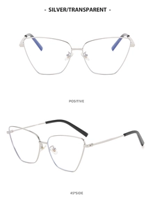 Dual view of metallic Y2K cat-eye sunglasses with silver frame and transparent lenses