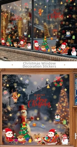 Vibrant cartoon Christmas window decals featuring Santa, reindeer, and snowman scene decor