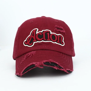 Vintage burgundy distressed baseball cap with Action 3D embroidery and washed cotton finish