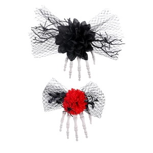 Gothic Halloween hair clips with skull skeleton hands and black red mesh roses