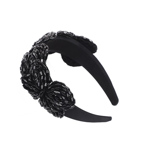 Handmade black crystal flower beaded wide headband for women with premium sparkling stones