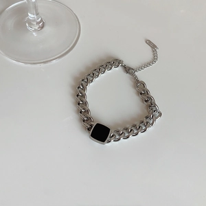 Silver chunky chain bracelet with a black square pendant made of durable titanium steel