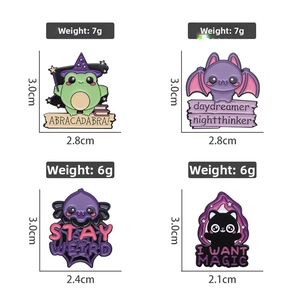 Detailed size and weight specs for Halloween frog, bat, cat, and web enamel pins